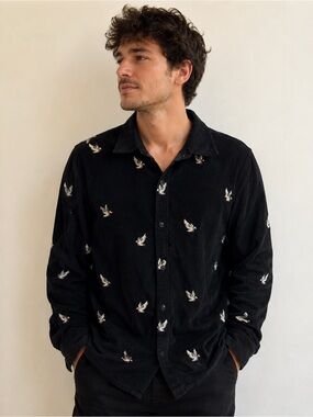 Retro Staple Men's Black Embroidered Button-Up Shirt in corduroy large